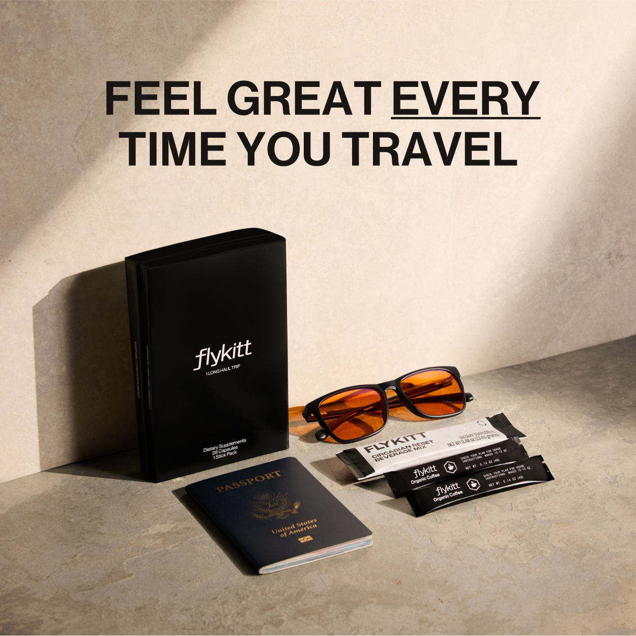 Flykitt Starter Pack featuring travel supplements, blue light glasses, and AI-guided plans to help prevent jet lag